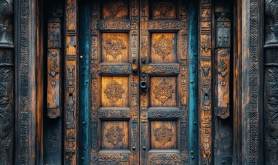 Ornate wooden doors, temple entrance, intricate carvings, ancient architecture, religious site