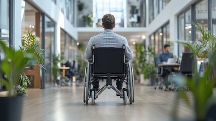 Man wheelchair office hallway coworkers work