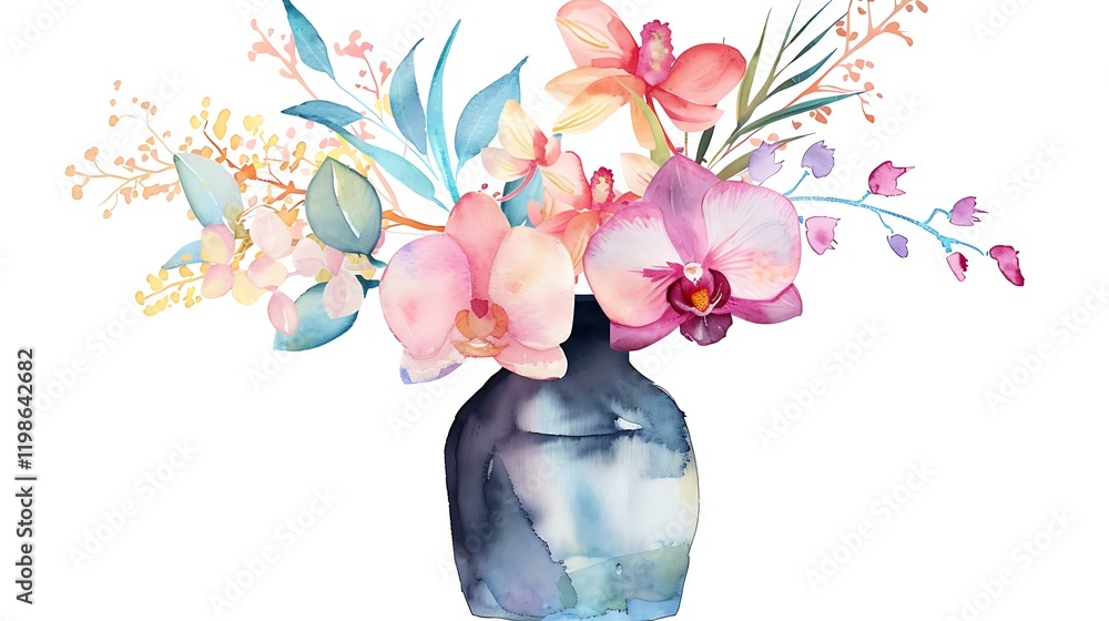 Canvas Prints A vibrant watercolor illustration of an exotic orchid arrangement in a stylish black vase, with dynamic color gradients and realistic leaf textures, set on a plain white background for cut-out 