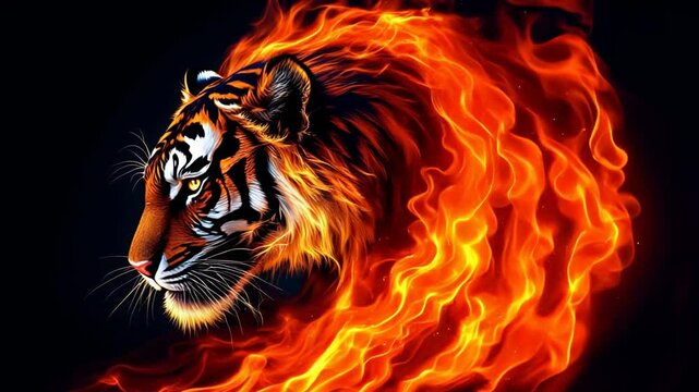 Majestic Tiger Surrounded by Flames in a Stunning Artistic Representation
