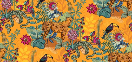 Vector seamless pattern with tropical plants and flowers, wild animals and birds