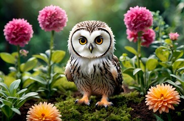 Obraz premium Fluffy owlet with eyes like golden buttons, perches serenely amidst a backdrop of vibrant green leaves.