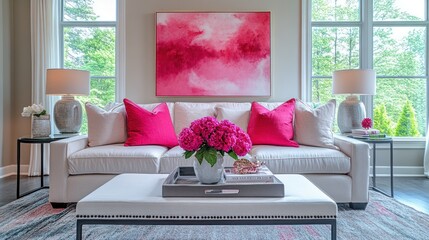 Modern living room, pink decor, large windows,  summer foliage view, home staging