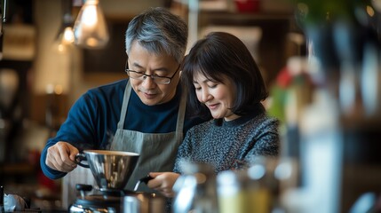 Couple enjoying coffee preparation together.
