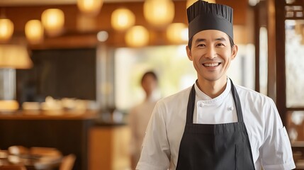 Smiling chef ready to serve delicious dishes.