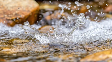 A close-up of water splashing against rocks, creating dynamic droplets and ripples in a serene natural setting.