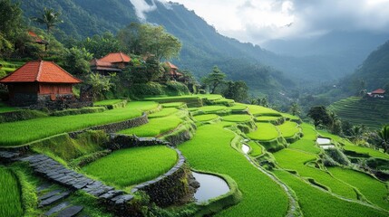 Lush green rice terraces, mountain village, scenic view, travel brochure