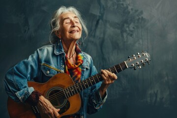 Obraz premium Elderly woman playing guitar and singing expressing joy and empowerment.