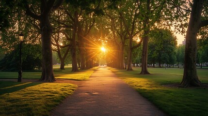Obraz premium The sunset filters through a park path lined with trees