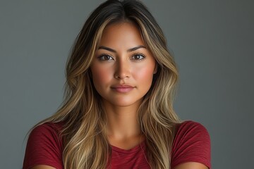 Fototapeta premium A portrait of a woman with long hair, wearing a red shirt, against a neutral background.