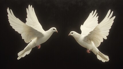 Fototapeta premium Two white doves in flight, dark background.