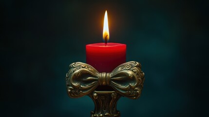Fototapeta premium Red candle flame glows in ornate holder, dark background, remembrance