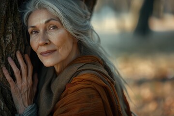 Naklejka premium Happy older woman with gray hair poses by tree.