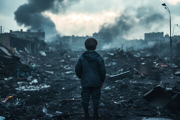 Obraz premium A Child Stands Amidst the Devastation of War