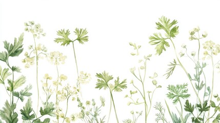 2.A delicate corner frame composed of watercolor illustrations featuring celery flowers, Capsella, and a mix of meadow herbs in soft green and white tones, creating a natural and elegant design.