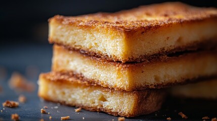 111.A detailed view of several thick slices of pan de pay&Atilde;&copy;s, highlighting the contrast between its crispy, rustic crust and the delicate, pillowy interior, with crumbs scattered around.