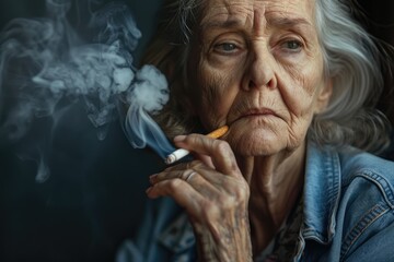 Obraz premium Elderly woman in vintage denim with cigarette empowerment concept.