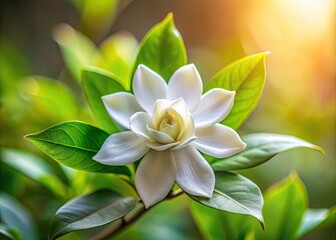 Obraz premium Minimalist Cape Jasmine Photography: Gardenia Jasminoides Flower, Natural Background, White Bloom, Simple Elegance, Botanical Art