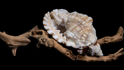 Distorsio Anus Shell on on driftwood macro black background