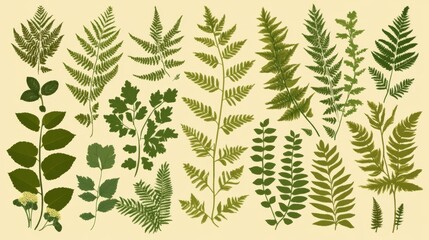 59.A lively botanical vector illustration with a mix of leaf designs, including ferns and broadleaf shapes, arranged in a dynamic, layered pattern over a neutral base.