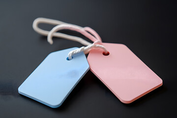 Fototapeta premium Two colorful price tags in baby blue and blush pink, featuring simple design and twine for attachment, perfect for gifts or retail displays