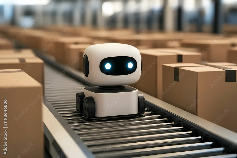 Poster cute robot moves on conveyor belt with boxes efficiently in warehouse setting