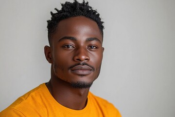 Obraz premium A portrait of a young man with short, textured hair wearing a bright yellow shirt against a neutral background.
