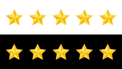 Rating symbol set of five pointed yellow golden stars quality rating product or service quality assessment simple minimal icon sign label vector design white and black background.
