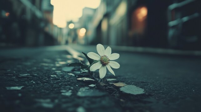 Solitary Bloom: A White Flower's Resilience in an Urban Landscape