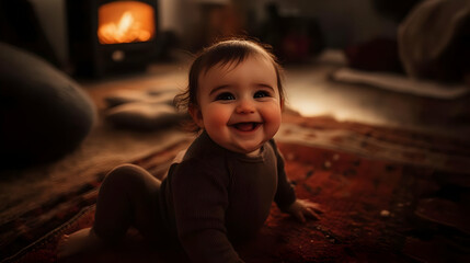 Smiling Baby Crawls on Rug by Fireplace, Warm, Cozy Home Interior, Golden Hour Photo