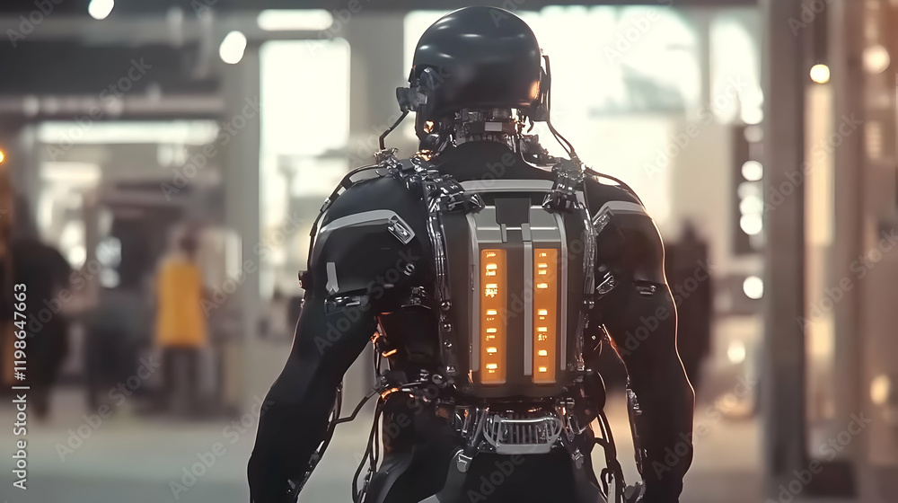 Poster futuristic cyborg with glowing back unit walks through blurred corridor in realistic 3d render