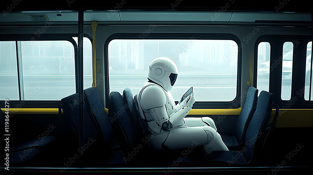 Poster a futuristic robot sits on a bus and reads a tablet while traveling through a city, ai commuter illu
