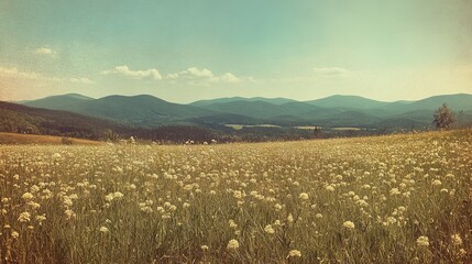 89.A serene spring meadow bursting with wildflowers, stretching towards the horizon with the Carpathian Mountains in the distance, bathed in a vintage filter that evokes nostalgia and warmth.