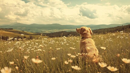 89.A serene spring meadow bursting with wildflowers, stretching towards the horizon with the Carpathian Mountains in the distance, bathed in a vintage filter that evokes nostalgia and warmth.