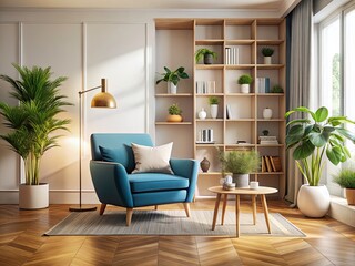Modern Living Room Design: Beige Walls, Blue Armchair, Wooden Floor - Interior Mockup