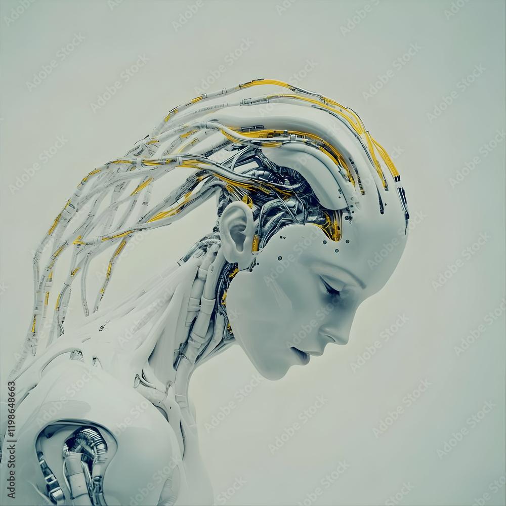 Poster 3d render of a futuristic cyborg with intricate wiring detail and smooth white shell