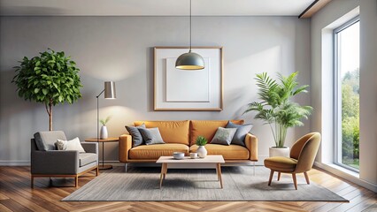 Fototapeta premium Modern Living Room Interior Design: Empty Frame, Functional Decor, Contemporary Style
