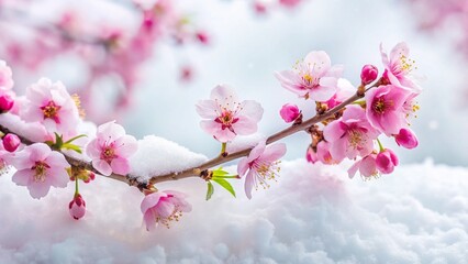 Fototapeta premium Minimalist Sakura Snow Scene: Cherry Blossoms Under Winter's Embrace