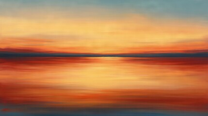 Obraz premium 95.A still lake bathed in the soft glow of a setting sun, with the horizon ablaze in warm hues and the tranquil surface reflecting the fiery colors of the evening sky.