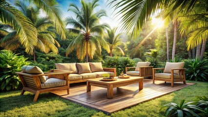 Fototapeta premium Modern Outdoor Lounge Palm Garden Sunny Day Wooden Sofa Armchairs Relaxing Furniture Design