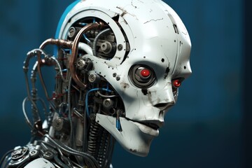 Fototapeta premium A humanoid robot demonstrating humanlike emotions in a futuristic workshop, showcasing intricate mechanics and glowing red eyes, reflecting a blend of technology and sentience