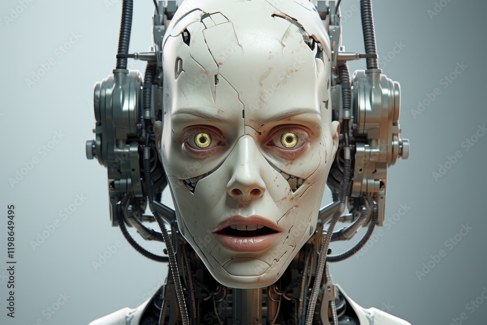Poster a robot with humanlike emotions showcases its sophisticated expression in a futuristic setting, high