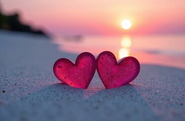 Fototapeta premium Two glass hearts lying on the sand of a tropical beach. There's a pink sunset on the horizon. valentine's day.