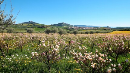 Fototapeta premium 26.A vibrant field of spring flowers blooming outside Oleiros, showcasing a mix of colorful blossoms swaying gently in the breeze under a clear blue sky.