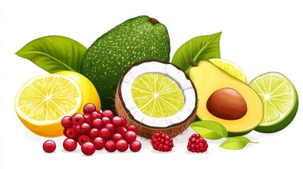 38.A vibrant vector illustration of tropical fruits, including a whole avocado, sliced lemon, lime halves, a coconut, and a cluster of red berries, arranged in a playful, balanced layout on a white