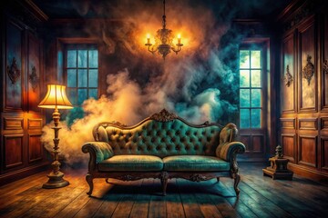 Fototapeta premium Mysterious Smoke-Filled Room: Drone Photography, Dark Interior, Vintage Furniture, Atmospheric Lighting