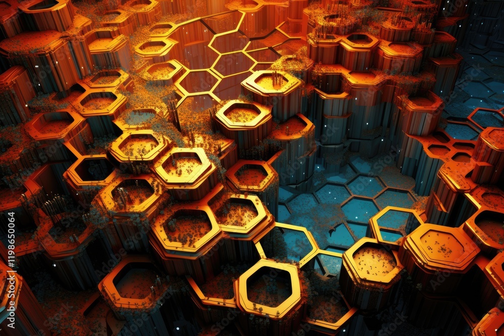 Poster exploring an abstract hive structure formed by artificial intelligence, showcasing intricate hexagon