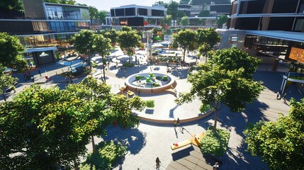 Urban plaza design, sunny day, people relaxing, green spaces, modern architecture, for urban planning