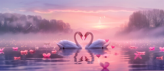 A soft and tender scene symbolizing love featuring of two swans