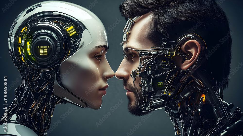 Poster cyborg and robot face each other in a futuristic encounter